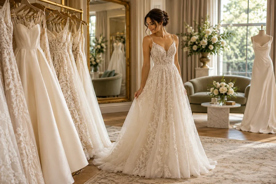 Bride comparing lace dresses in a softly lit boutique