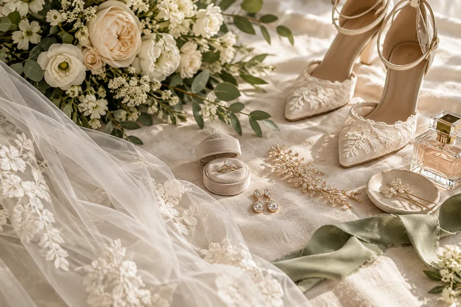 Bridal shoes, jewelry, and veil arranged on ivory linen