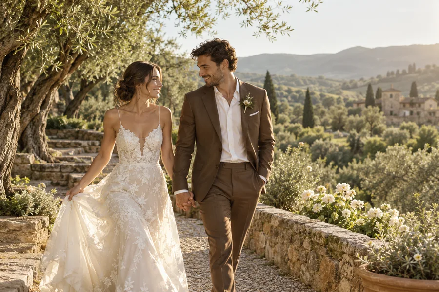 Newlywed couple walking beneath olive trees in warm evening light