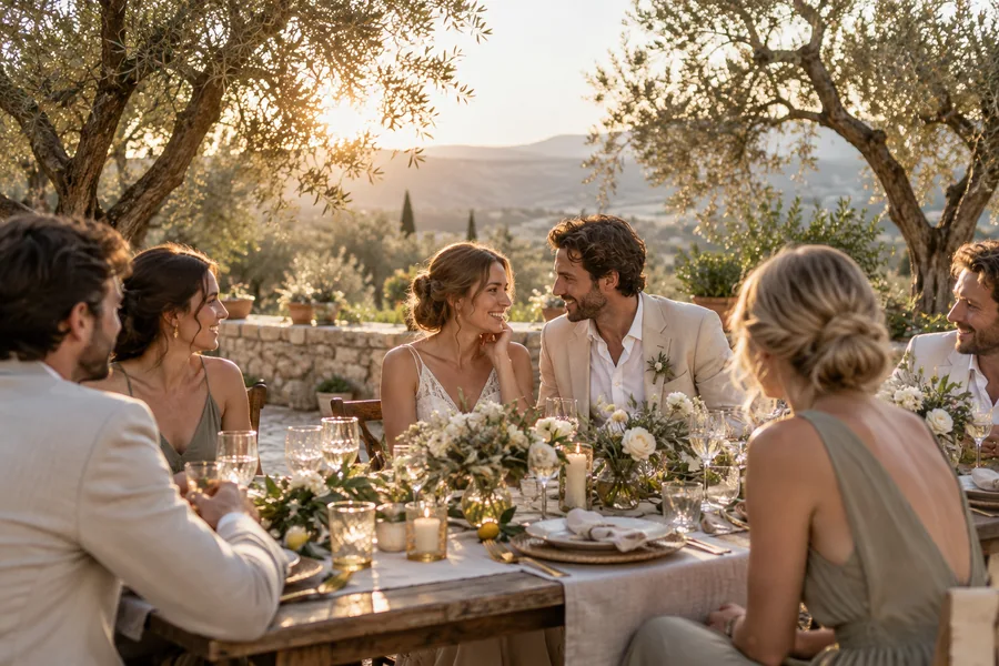 Small wedding party sharing dinner beneath olive trees