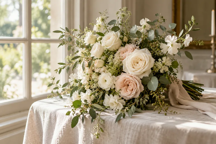 Ivory and pale pink bridal bouquet beside a sunlit window