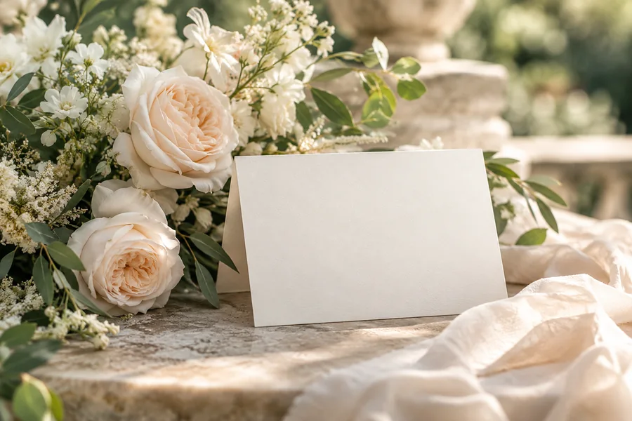 Blank folded wedding card beside pale garden flowers